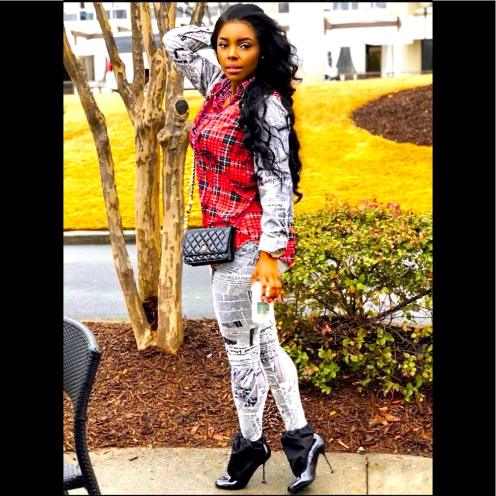Red Flannel & Newspaper Print Button ⬆️ Long Sleeve & Newspaper Print Leggings